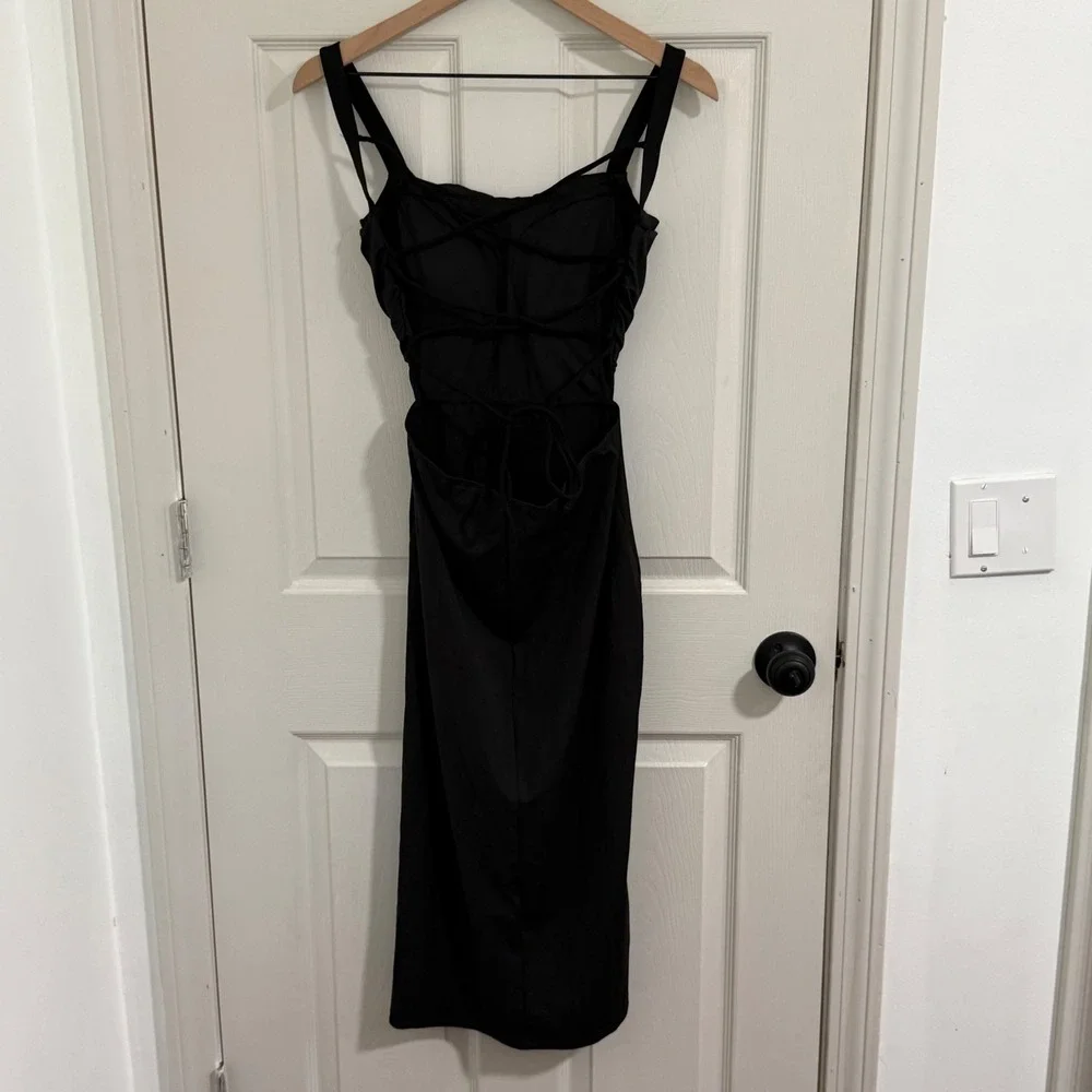 Halara Ruched Lace Up Bodycon Midi Dress Small Black NWT Side Slit Open Back
